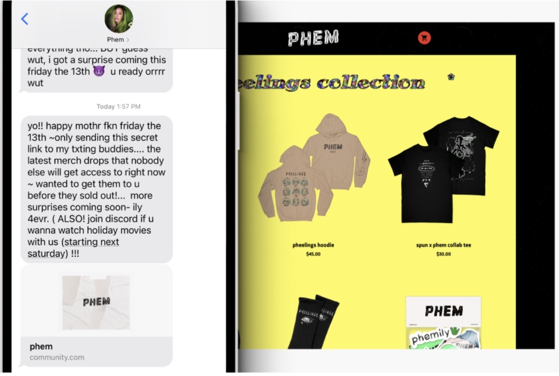 Phem exclusive merch drop text message