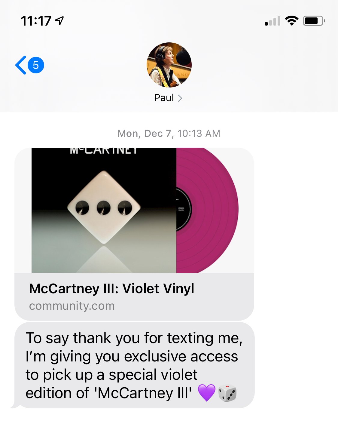 Paul McCartney exclusive violet vinyl of McCartney III
