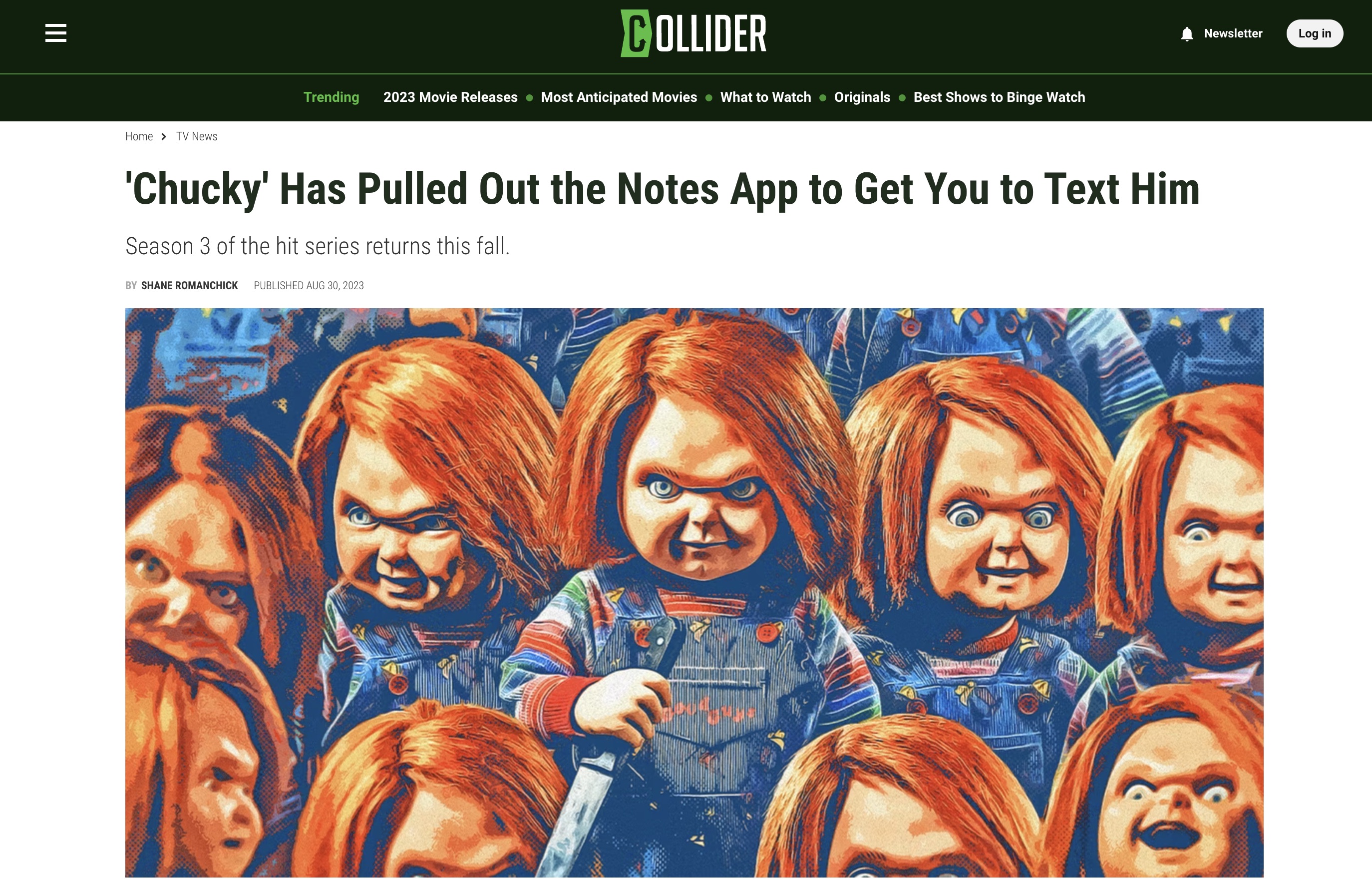 Chucky text conversation screenshot during live airing