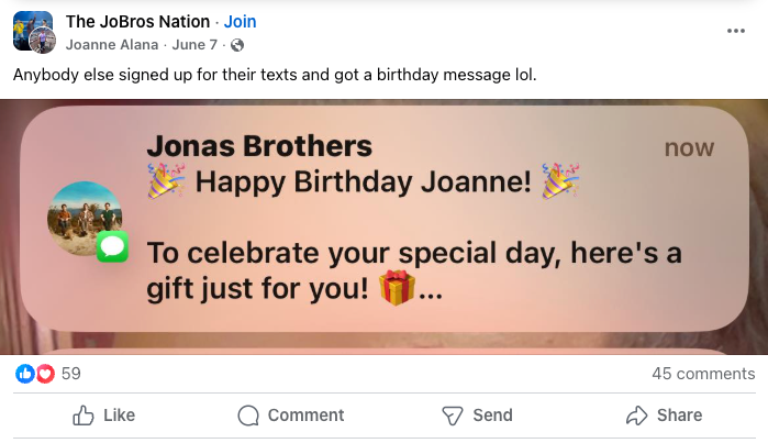 Fan Facebook post sharing the Jonas Brothers birthday text message