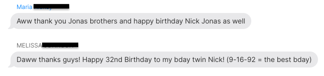 Fan SMS replies thanking the Jonas Brothers for birthday wishes